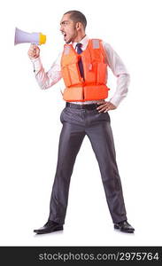 Man in life jacket isolated on white