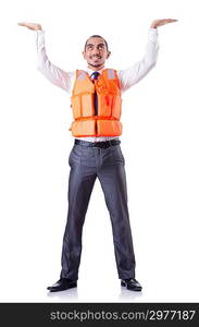 Man in life jacket isolated on white