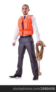 Man in life jacket isolated on white