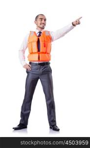 Man in life jacket isolated on white