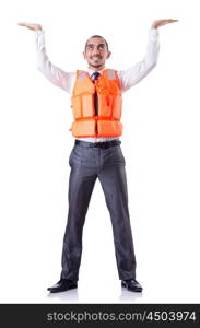 Man in life jacket isolated on white