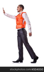 Man in life jacket isolated on white