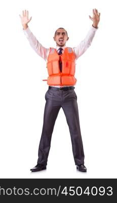 Man in life jacket isolated on white