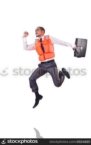 Man in life jacket isolated on white