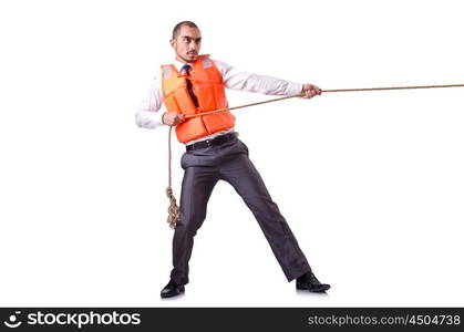 Man in life jacket isolated on white