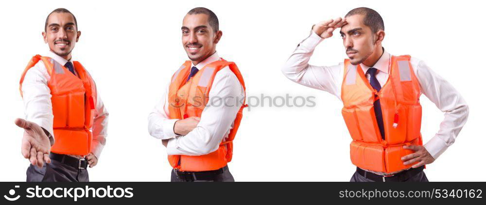 Man in life jacket isolated on white