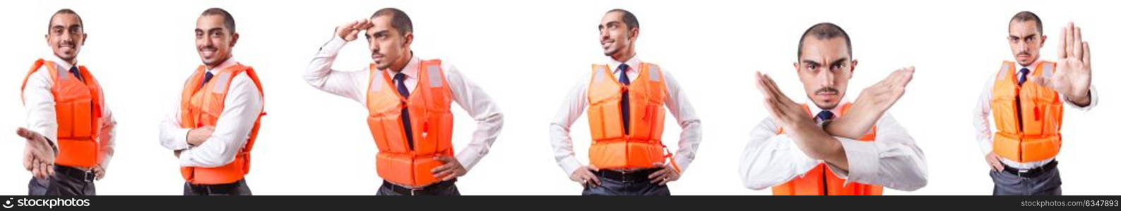 Man in life jacket isolated on white