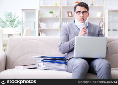 Man in neck brace cervical collar working from home teleworking