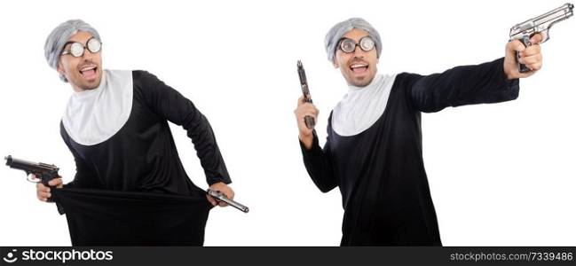 Man in nun dress with handgun 