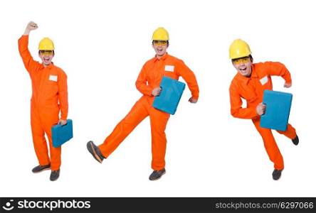 Man in orange coveralls isolated on white