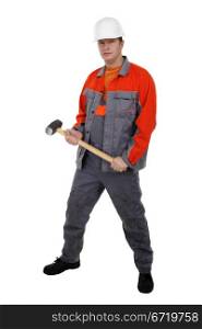 man in overalls with a hammer in his hands, the builder on the white background