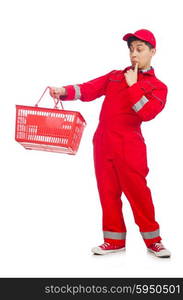 Man in red coveralls with shopping supermarket cart trolley