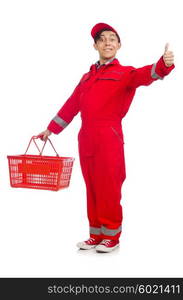 Man in red coveralls with shopping supermarket cart trolley