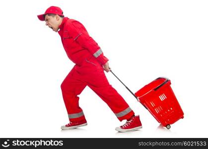 Man in red coveralls with shopping supermarket cart trolley