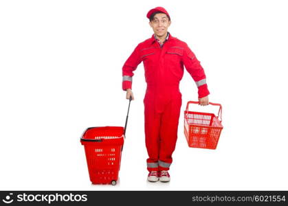 Man in red coveralls with shopping supermarket cart trolley