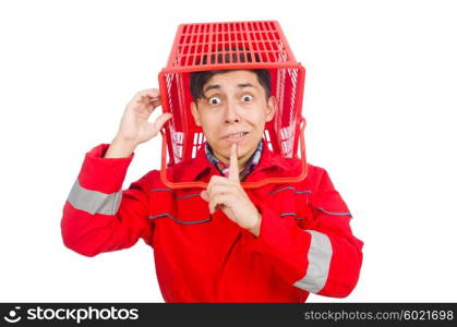 Man in red coveralls with shopping supermarket cart trolley