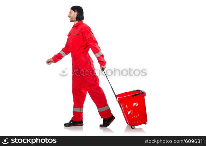 Man in red coveralls with shopping supermarket cart trolley