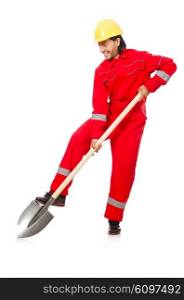 Man in red coveralls with spade