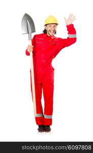 Man in red coveralls with spade