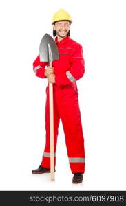 Man in red coveralls with spade