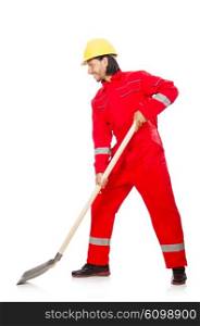 Man in red coveralls with spade