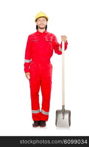 Man in red coveralls with spade