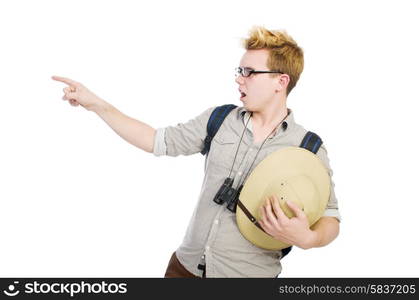 Man in safari hat in hunting concept