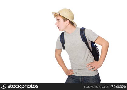 Man in safari hat in hunting concept