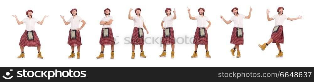 Man in scottish skirt isolated on white. The man in scottish skirt isolated on white
