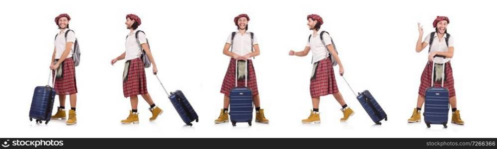 Man in scottish skirt with suitcase isolated on white