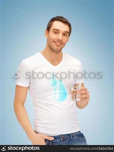 man in shirt with blue water drops