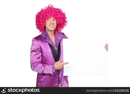 Man in silly seventies costume holding blank board ready for your message