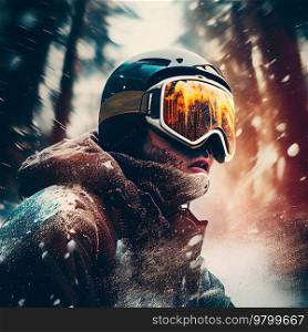 Man in ski goggles rides a snowboard from a snowy mountain. Illustration AI Generative 