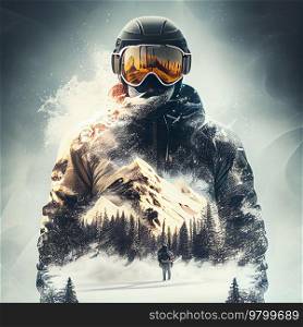 Man in ski goggles rides a snowboard from a snowy mountain. Illustration AI Generative 