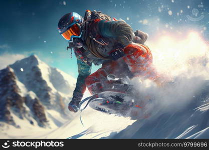 Man in ski goggles rides a snowboard from a snowy mountain. Illustration AI Generative 