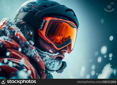 Man in ski goggles rides a snowboard. Illustration AI Generative 