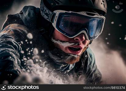 Man in ski goggles rides a snowboard. Illustration AI Generative 