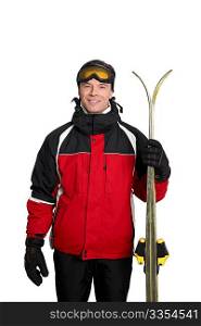 Man in ski outfit standing on white background