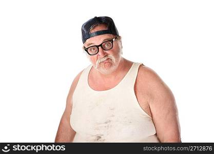 Man in stained shirt wearing baseball cap