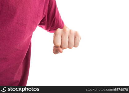 Man in t-shirt with clenched fist isolated on white background