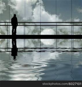 man in the modern building, with reflection