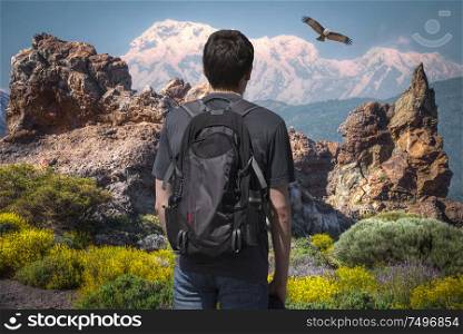 Man in the mountains with a backpack
