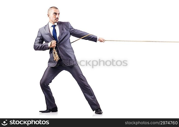 Man in tug of war concept on white