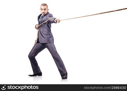 Man in tug of war concept on white