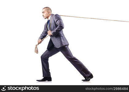 Man in tug of war concept on white