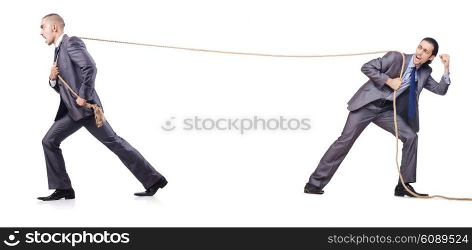 Man in tug of war concept on white