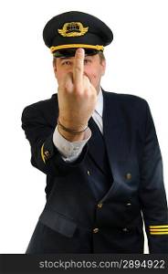 Man in uniforn of pilot gesturing with middle finger. Focus on finger.