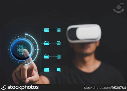 Man in VR glasses experiencing interconnectedness of global internet within virtual metaverse. streamlined document management systems DMS in the realm of future technology.