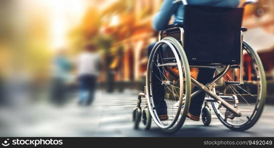 Man in wheelchair with physical disability, mobility disorder, copy space for text