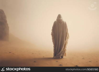 Man in white coat stand in a desert sands during the storm. Sand in a air, dusty mist. Generative AI.. Man in white coat stand in a desert sands during the storm. Sand in a air, dusty mist. Generative AI